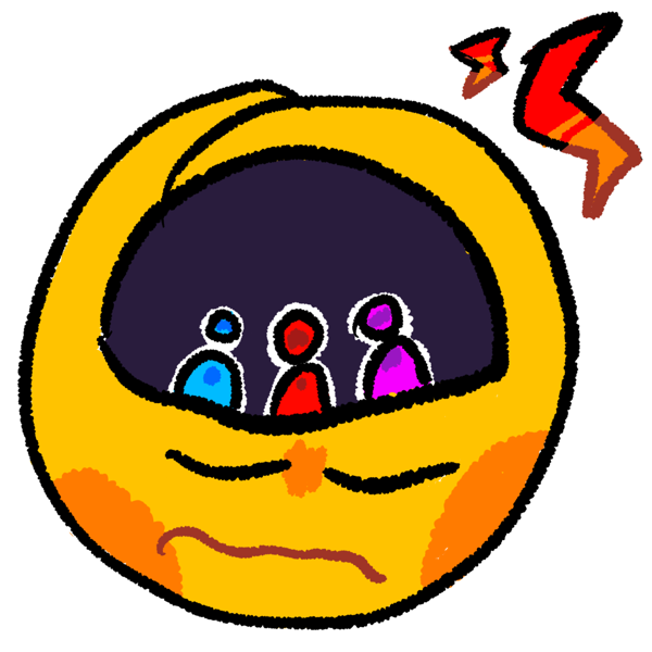 a yellow person's face, they look uncomfortable. there is a half-moon shape opening in their head, with three people inside. left to right is a blue person, red person, purple person. there are lightning bolts on the right of the person's head. there is a white outline behind the black outlines.